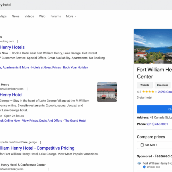 Screenshot of a Google search for Fort William Henry Hotel.